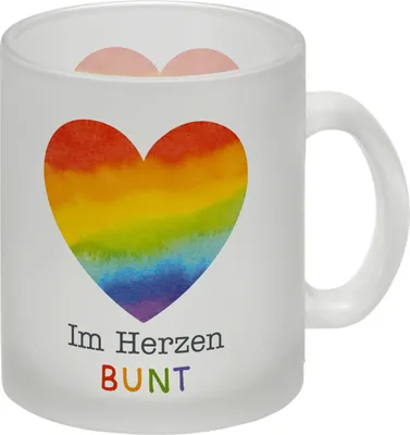 Produktbild von Regenbogenherz Glas Tasse mit Spruch Im Herzen bunt