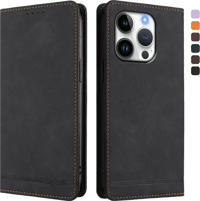 Produktbild von Hülle für iPhone 16 Pro, Retro Kunstleder Ständer Klapphülle mit Kartenfächer und Magnetische Schwarz