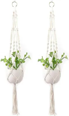 Productafbeelding van Handgemaakte macramé plantenketting van katoendraad. Ideaal voor binnen, tuin, balkon en wanddecoratie (2 stuks, wit, boho-stijl)