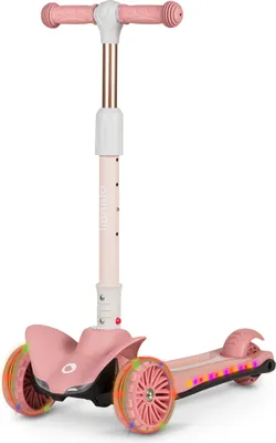 A pink three-wheeled scooter with LED lights on the wheels and frame, shown against a white background.