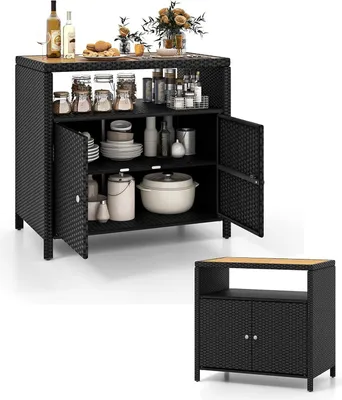 Immagine prodotto di Armadio da giardino in rattan KOMFOTTEU, credenza con piano di lavoro in legno d'acacia, casetta da giardino a doppia anta, armadio in rattan