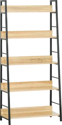 Image de HOMCOM Bibliothèque inclinée de style industriel, 5 étagères, 70 L x 35 l x 150 H cm, chêne clair, couleur noire
