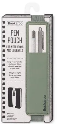 The image shows the packaging for a Bookaroo Pen Pouch, which is designed to attach to notebooks and journals.