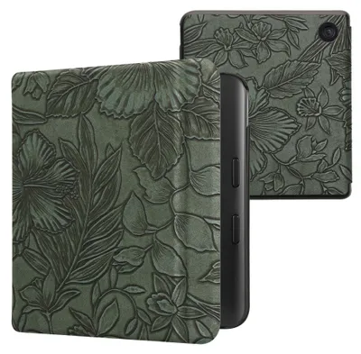 Produktbild von kwmobile Schutzhülle für Kobo Kobo Libra Colour / Tolino Vision Color Hülle - eReader Flip Case mit Auto Sleep Funktion - Blumen im grünen Relief mit