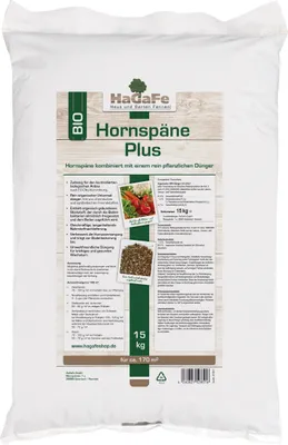 Produktbild von HaGaFe Hornspäne Plus, mit pflanzlichem Dünger, 1 x 15kg, idealer Gemüsedünger, Gartendünger, organischer Dünger, Universaldünger