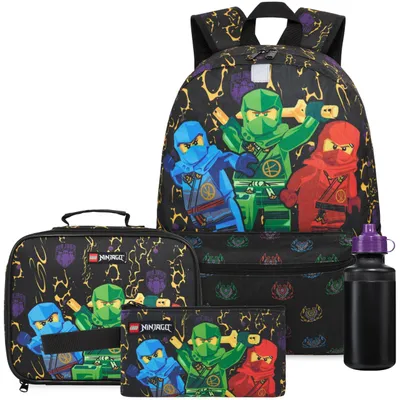 Produktbild von 4-Teiliges Rucksackset mit Pokemon, Ninjago und Super Mario - Inklusive Lunchbox und Wasserflasche