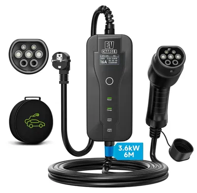 Imagen del producto de Cable de carga de 6 metros - Potencia de 3.6 kW - Conector Tipo 2 - Para vehículos eléctricos - Portátil
