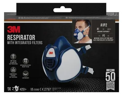 Produktbild von 35x 3M™ Atemschutzmaske mit integrierten Filtern 4251+, A1P2 Organische Dämpfe | Packung (4 Stück)