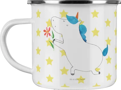 Produktbild von Mr. & Mrs. Panda Haferl Einhorn Blume - Weiß - Geschenk, Unicorn, Tasse Emaille, Antrag, Teetasse, Pott, becher, Einhörner, Partner, Liebe, Freund