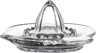 A clear studio shot of a glass citrus juicer.