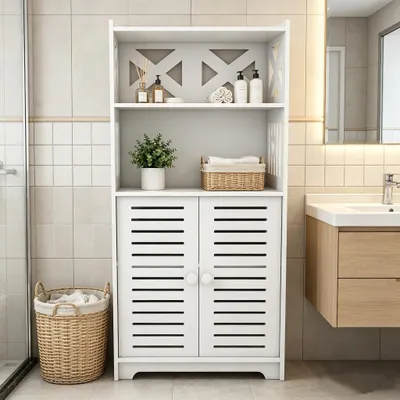 Produktbild von Wasserdichter Badezimmerschrank,PVC Freistehender Aufbewahrungsschrank mit 2 Tür,Side Storage Organizer Schrank für Wohnzimmer,Schlafzimmer 75x22x36cm