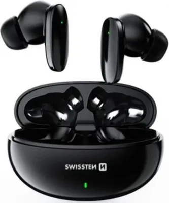 A pair of black wireless earbuds and their charging case are displayed against a white background.