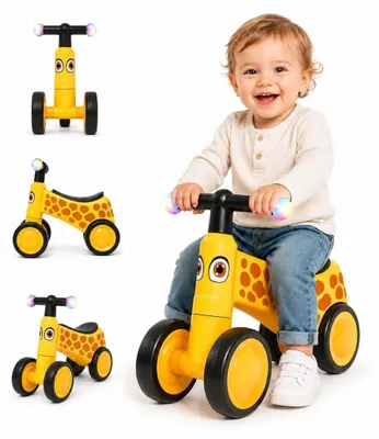 Immagine prodotto di Bicicletta senza pedali Balance a 4 ruote (1–3 anni) – Bicicletta senza pedali per bambini con manubrio a LED, ruote in EVA e maggiore stabilità – Bicicletta senza pedali per bambini piccoli – Gialla