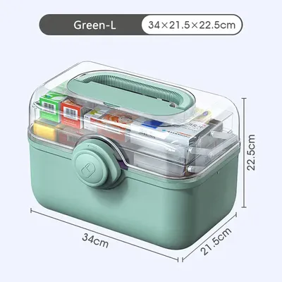 Produktbild von Medikamentenbox Größe L – Tragbare Hausapotheke mit Fächern, Grün, robust & groß