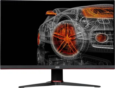 A wireframe rendering of a car with orange accents on a black background, displayed on a monitor.