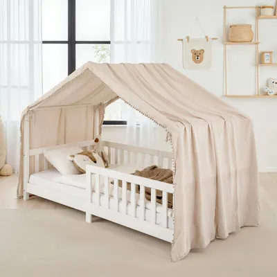 Produktbild von Betthimmel für Hausbett LIAN-1 mit Pompons, 100% Musselin Baumwolle - Beige