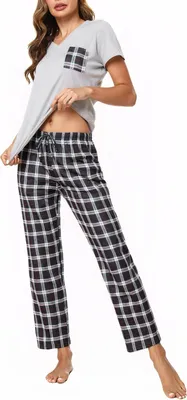 Productafbeelding van Dames pyjama met korte mouwen en geruite broek, tweedelig, katoenmix, grijs