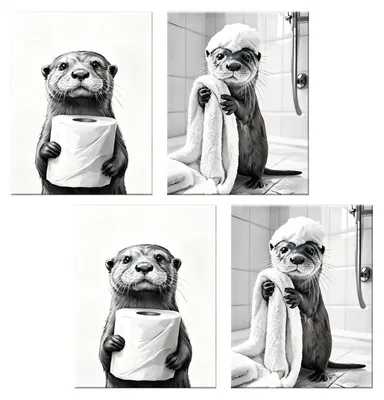 4er-Set lustige Toilettenposter, Otter, 21x30 cm, schwarz-weiß