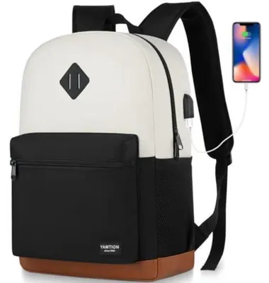 Immagine prodotto di Zaino per la scuola con porta USB, scomparto per laptop fino a 15,6 pollici, impermeabile, colore nero e beige