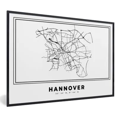 Produktbild von MuchoWow® Gerahmtes Poster Schwarz und weiß - Deutschland - Karte - Stadtplan - Hannover 90x60 cm - Poster mit Schwarzem Bilderrahmen Wandposter Rahmen Foto Bilder - Fotorahmen - Foto-Plakat