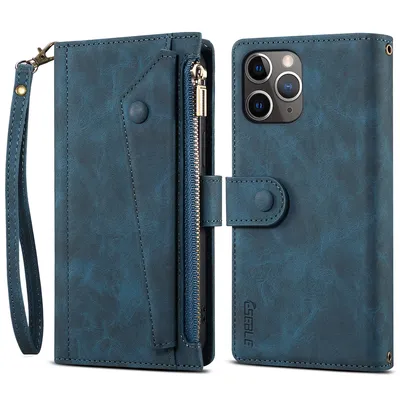Obrázek produktu pro Ochranné pouzdro pro iPhone 11 Pro, kožené pouzdro na zip, skládací peněženka s přihrádkou na karty, stojánek a poutko modré