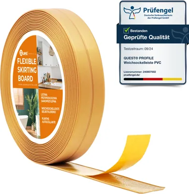 Produktbild von QUEST Weichsockelleiste Selbstklebend 10x10 mm, PVC Abschlussleiste für Küche, Badezimmer, Flexibel, Dekorativ, UV-beständig, gold, 5 m