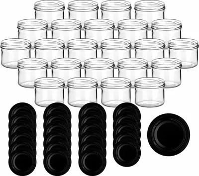 Produktbild von gouveo 24er Set Einmachgläser 230 ml rund mit Schraubdeckel schwarz BS - Vorratsgläser mit Drehverschluss TO82 - Marmeladenglas, Schraubglas