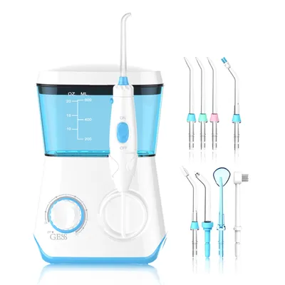 Produktbild von GESS AQUA PRO s 8 multifunkčnými pripojiteľnými tryskami, ústna sprcha pre rodinnú starostlivosť o zuby, ústna hygiena pre rovnátka, zdravé ďasná, biela