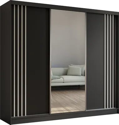 Produktbild von Masseno Schiebetürenschrank NELVIA 240 cm Kleiderschrank Schlafzimmer Schrank 3-türig mit Spiegel und Lamellen Schwarz