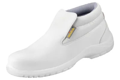 A white work shoe with a slip-on design.