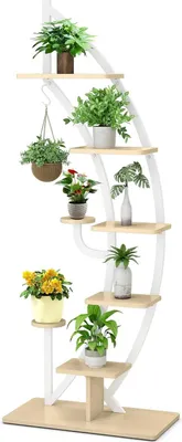 Produktbild von GOPLUS 6-stöckiger Blumenständer Metall-Pflanzenständer, halbmondförmiger Leiter-Pflanzgefäß mit Haken, Blumentopfregal, Ausstellungsregal