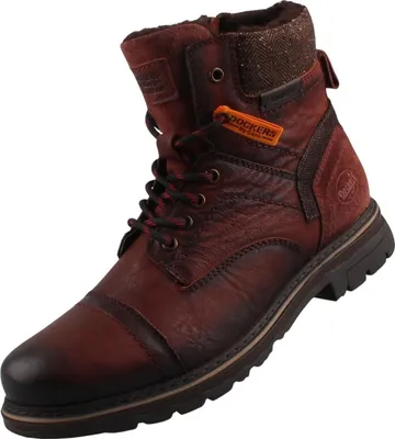 A single brown leather boot is shown against a white background.