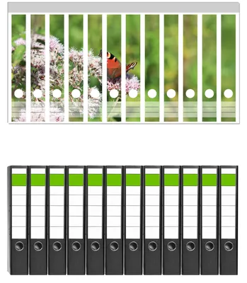Produktbild von Wallario 12 Stück schmale Ordner inkl. Klebeetiketten mit Motive Schmetterling auf Blüte -  Set mit Rückenschildern / Ordnerrücken Stickern