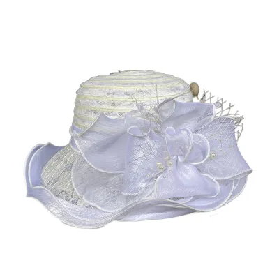 Produktbild von Fischerhut für Damen, Organza-Spitze, Schleife, Kunstperlen, Federdekor, Vintage-Stil, königlicher Stil, flache Oberseite, UV-Schutz, Sonnenschutz, Abschlussball, Party, formelle Anlässe, Kappe, Einheitsgröße, Weiß