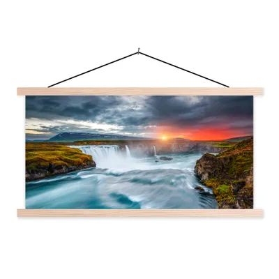 Produktbild von MuchoWow® Textilposter Wasserfall - Sonnenuntergang - Natur - Wasser 60x30 cm mit holzfarbenen Rahmen - Dekoration
