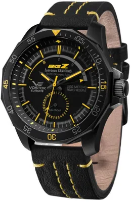 A black Vostok Europe watch with yellow accents and a black leather strap with yellow stitching.