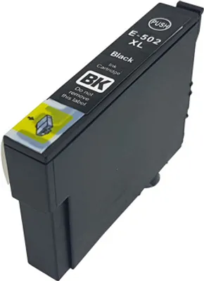 A black ink cartridge is shown at an angle against a white background.