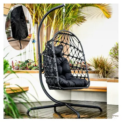 Produktbild von Polyrattan Hängesessel mit Gestell für Innen und Außen, wetterfester Hängestuhl bis 195 kg, Schwarz