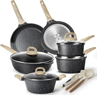 Image de Batterie de cuisine à induction 13 pièces - Casseroles et poêles noir granit - Revêtement antiadhésif sans PTFE ni  - Couvercles inclus