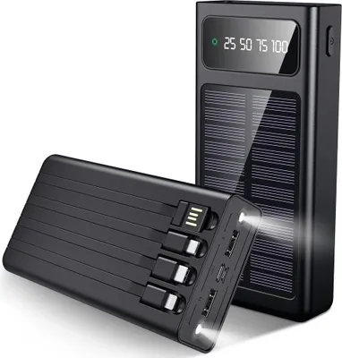 Produktbild von Solar Powerbank mit integrierten Kabeln, 20000 mAh - Schwarz