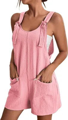 Image de ASKSA Jumpsuit Femme Eté sans manches Salopette courte Playsuit Baggy avec poches Short d'été, Rose clair, 3XL
