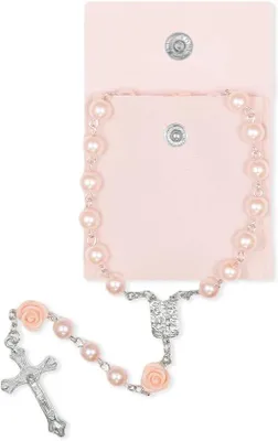 Image de Chapelet catholique rose avec pochette en velours