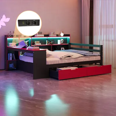 Immagine prodotto di Divano letto in legno Flieks 140x200 cm con rivestimento in pelle, divano letto da giorno con scrivania e cassetti, letto matrimoniale per ragazzi con funzione contenitore, rosso