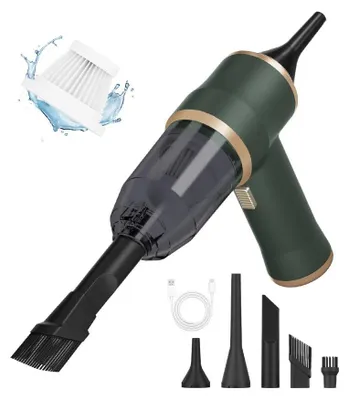 Obrázek produktu pro Autovysavač a ventilátor – ruční přístroj 2 v 1 – bezdrátový – 7,2 V Li-ion, 7 W – nádoba na prach 0,5 l – turbokartáč – 30 × 30 × 8,1 cm – zelený