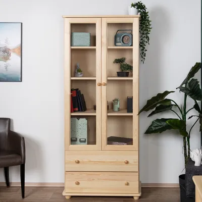 Produktbild von Bücherregal Bücherschrank Büchervitrine - 84 cm breit, Kiefer Holz-Massiv, Optik: Natur