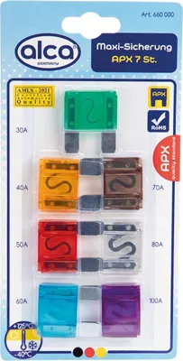 Obrázek produktu pro alca® Maxi pojistka 30A - 100A; 7 ks blistrů 32 V Maxi plochá pojistka pro vozidla nákladní autobus těžké stroje traktor pojistky osobní automobily