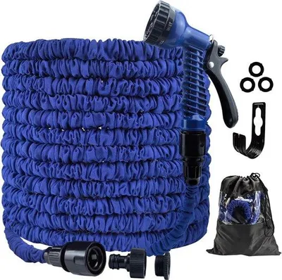 Image de Tuyau d'arrosage flexible de 30 m de long avec pomme d'arrosage à 7 jets, extensible, avec raccords de 3/4 et 1/2 pouce, âme en latex 100 % naturel anti-fuites