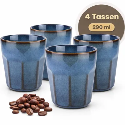 Produktbild von Kaffeetassen 4er Set Tassen Kaffeebecher Kaffeetasse Becher Blau Tasse 290ml