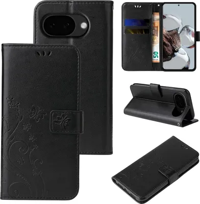 Produktbild von Handyhülle für Google Pixel 10a Floral Blumen Schmetterling Flip Cover Hülle Case Klapphülle Handytasche Farbe: Schwarz