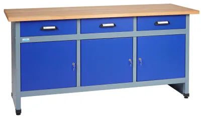 Produktbild von Küpper Werkbank 12157, 170x84x60 cm, 3 Schubladen, 3 Türen, 300 kg Traglast, 30 mm massive Buchenarbeitsplatte